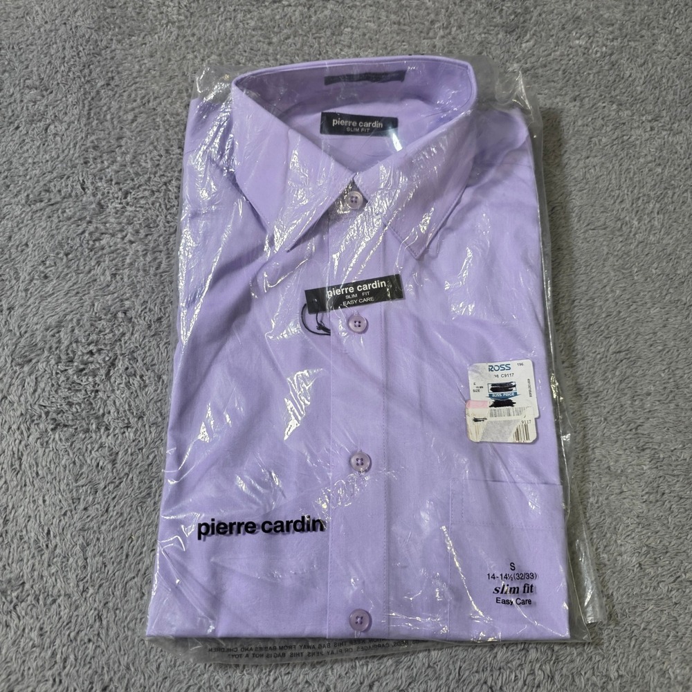 Pierre Cardin Mens S 14-14.5 Dress Shirt Purple Slim Fit Long Sleeve Easy Care